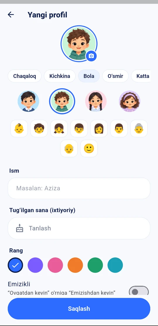 Yangi profil qo‘shish ekrani